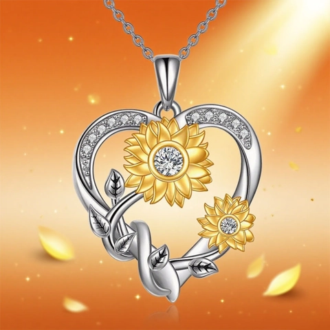 Sunflower Heart Pendant Necklace And Earrings For Women Alloy Zirconia Silver Gold Two Tone Floral Charm Gift