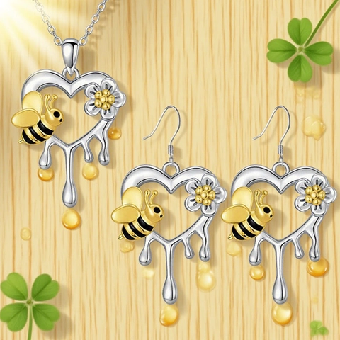 Fashion Alloy Enamel Bee Flower Heart Pendant Necklace Earrings Jewelry Set For Women Silver Tone Nature Style Gift