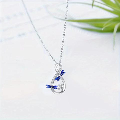 Legierung Libelle Unendlichkeit Anhänger Halskette Blau Emaille Versilbert Strass Eleganter Schmuck Für Damen Jubiläumsgeschenk