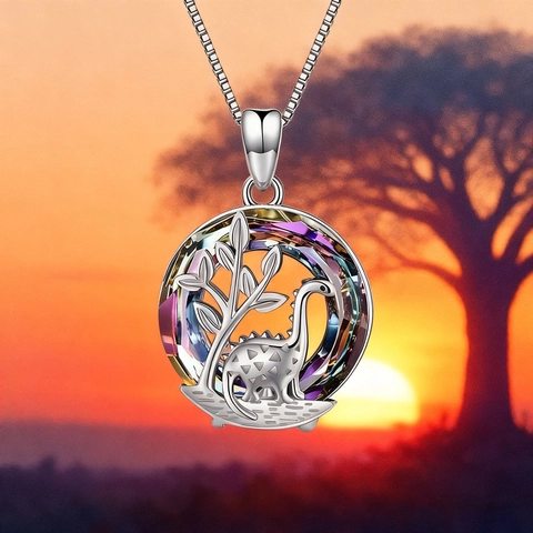 Süße Lebensbaum Dinosaurier Anhänger Halskette Für Damen Legierung Mehrfarbiger Kristall Regenbogen Tier Schlüsselbeinkette Schmuck Geschenk
