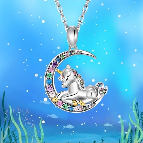 Simpatica Collana Con Ciondolo Unicorno Luna Lega Strass Colorati Gioielli Per Bambini Ragazze Regalo Di Compleanno Tono Argento