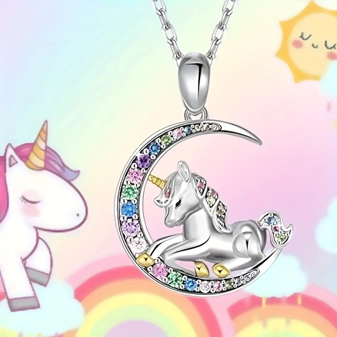 Simpatica Collana Con Ciondolo Unicorno Luna Lega Strass Colorati Gioielli Per Bambini Ragazze Regalo Di Compleanno Tono Argento