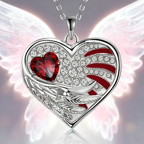 Alloy Red Heart Angel Wing Pendant Necklace Earrings Set With Rhinestone Enamel For Women Wedding Party Fashion Jewelry