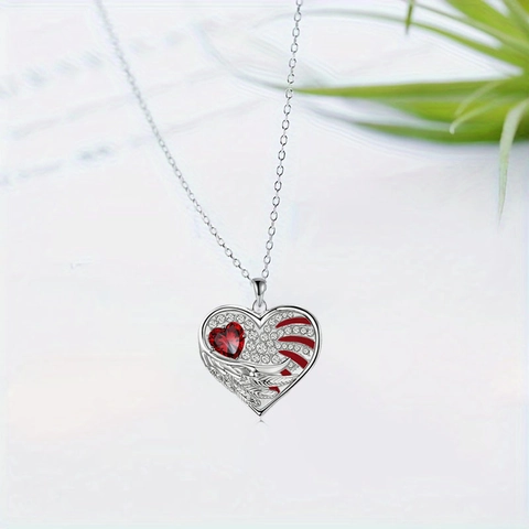 Alloy Red Heart Angel Wing Pendant Necklace Earrings Set With Rhinestone Enamel For Women Wedding Party Fashion Jewelry