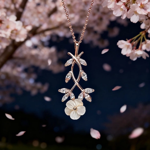 Elegant Rose Gold Color Cherry Blossom Pendant Necklace For Women Alloy Rhinestone Leaf Branch Clavicle Chain Jewelry Gift