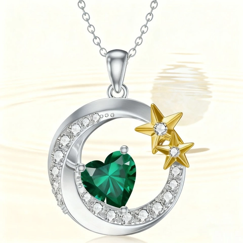 Lujoso Collar Con Colgante De Corazón De Estrella Y Luna De Aleación Con Diamantes De Imitación Para Mujer Joyería De Gema Verde Esmeralda Y Pendientes