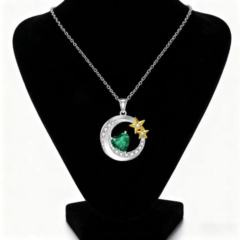 Lujoso Collar Con Colgante De Corazón De Estrella Y Luna De Aleación Con Diamantes De Imitación Para Mujer Joyería De Gema Verde Esmeralda Y Pendientes