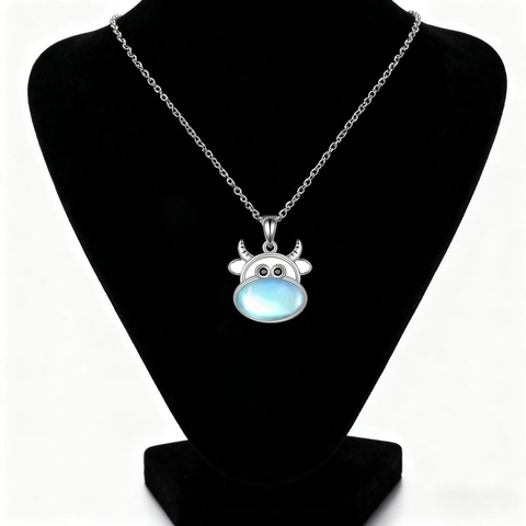 Cute Cow Pendant Necklace Earrings Set Alloy Synthetic Moonstone Rhinestone Clavicle Chain Jewelry For Women Girls Gift