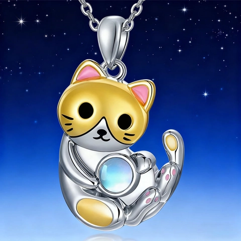 Cute Cartoon Cat Hugging Moonstone Pendant Necklace Alloy Pink Enamel Animal Shape Jewelry For Women Girls Birthday Gift