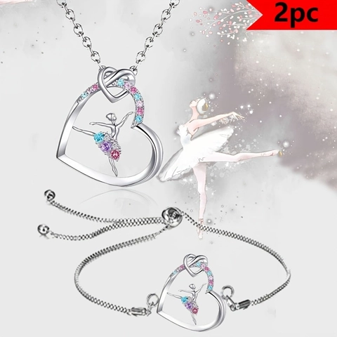 Elegant Alloy Rhinestone Heart Ballet Girl Jewelry Set With Necklace Bracelet Silver Dancing Girl Silhouette Jewelry For Women Girls Birthday Gift