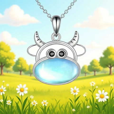 Cute Cow Pendant Necklace Earrings Set Alloy Synthetic Moonstone Rhinestone Clavicle Chain Jewelry For Women Girls Gift