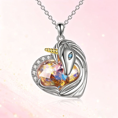 Alloy Unicorn Heart Pendant Necklace With Multifaceted Phantom Crystal Silver Plated Animal Jewelry For Women Girls Birthday Gift