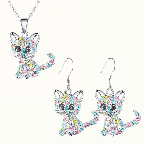 Cute Cartoon Cat Rhinestone Alloy Necklace Earrings Jewelry Set For Women Multi Color Pink White Animal Pendant Jewelry