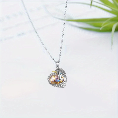Alloy Unicorn Heart Pendant Necklace With Multifaceted Phantom Crystal Silver Plated Animal Jewelry For Women Girls Birthday Gift
