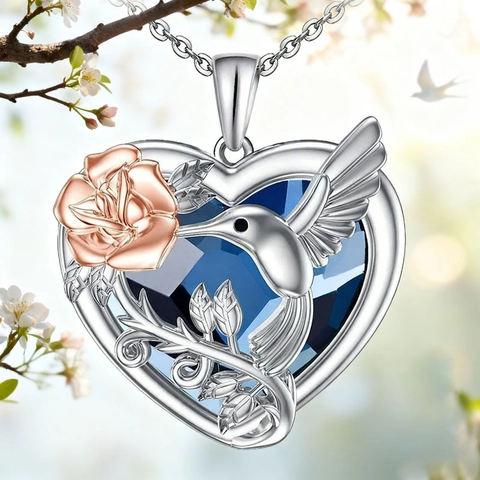 Romantische Herz Kolibri Rose Anhänger Halskette Versilberte Legierung Blau Kristall Herz Kette Damen Schmuck Geschenk