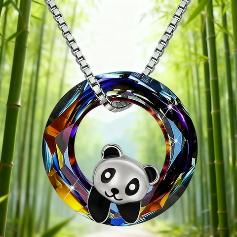 Mode Collier Pendentif Panda Mignon Anneau en Verre Cristal Rond Multicolore Chaîne en Alliage Femmes Filles Bijoux Cadeau Accessoire