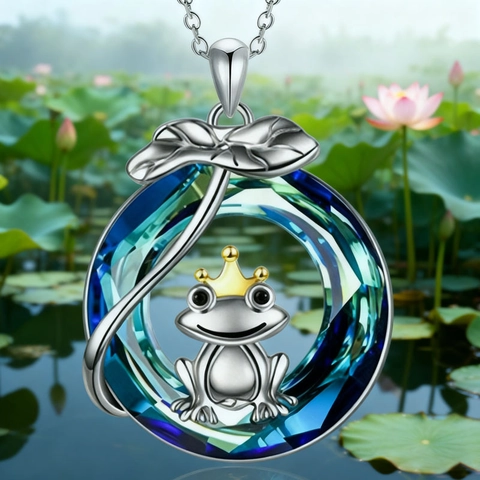Élégant Collier Pendentif Prince Grenouille en Cristal de Verre Dégradé Bleu Alliage Couronne Or Chaîne Argent Bijoux Femme