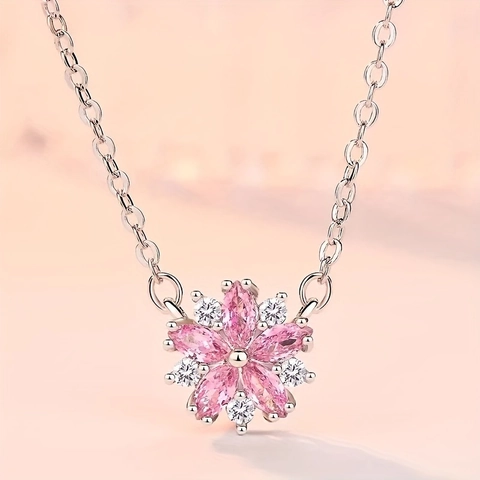 Romantic Cherry Blossom Jewelry Collection For Women Zinc Alloy Pink Rhinestone Flower Necklace Earrings Ring Accessory Gift