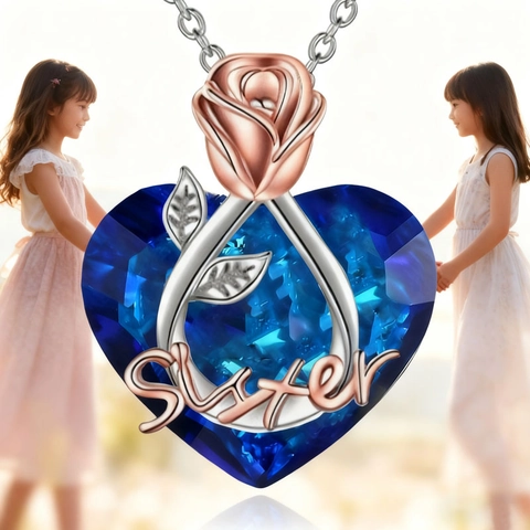 Collana con Pendente a Cuore in Lega di Zinco Cristallo Blu Viola Sister Con Dettaglio Fiore di Rosa Oro Rosa Argento Placcato Gioielli Regalo