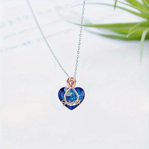 Collana con Pendente a Cuore in Lega di Zinco Cristallo Blu Viola Sister Con Dettaglio Fiore di Rosa Oro Rosa Argento Placcato Gioielli Regalo
