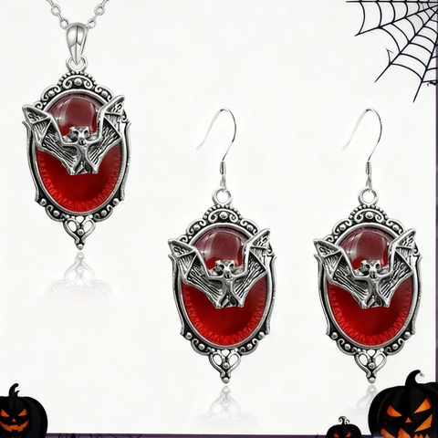 Gothic Bat Pendant Necklace Earrings Jewelry Set Retro Halloween Vampire Dark Style Red Black Resin Alloy Jewelry For Women Party