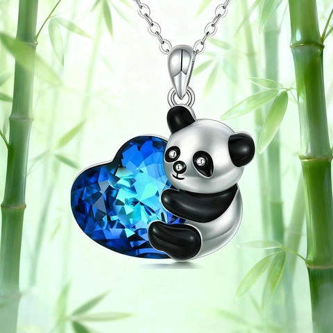 Women Cute Panda Hugging Blue Crystal Heart Pendant Necklace Alloy Enamel Animal Jewelry Fashion Necklace Gift For Girls