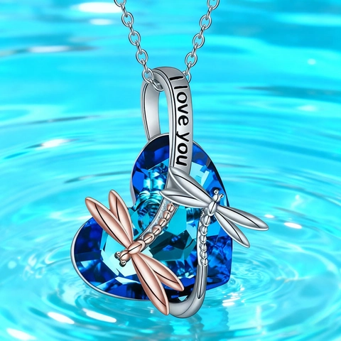 Elegant Heart Blue Glass Pendant Necklace Zinc Alloy Dragonfly Decoration With I Love You Engraved Gift For Women