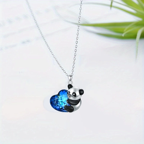 Women Cute Panda Hugging Blue Crystal Heart Pendant Necklace Alloy Enamel Animal Jewelry Fashion Necklace Gift For Girls