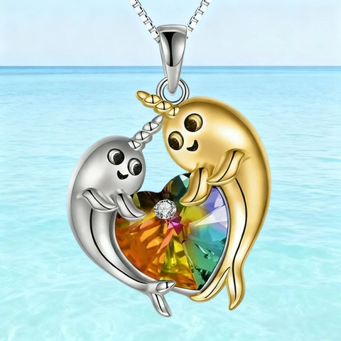 Cute Dolphin Narwhal Heart Pendant Necklace For Women Alloy Colorful Crystal Silver Gold Tone Animal Jewelry Valentine Gift