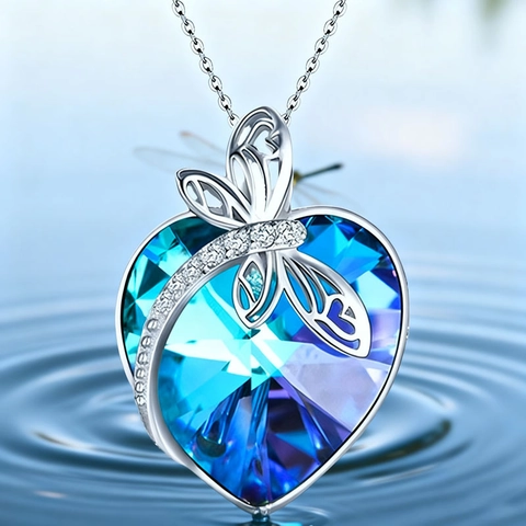 Libelle Herz Anhänger Halskette Blau Farbverlauf Kristall Legierung Strass Verstellbare Kette Elegante Damen Schmuck Geschenk