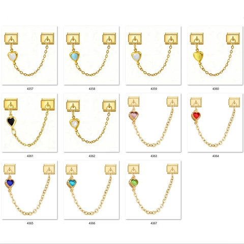 Italian Charm Bracelet Safety Chain Gold Plated Stainless Steel Heart Zirconia Pendant DIY Jewelry Modular Link For Women Men
