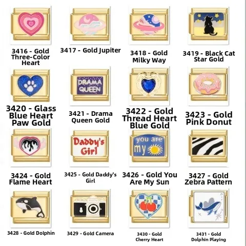 Gold Plated Stainless Steel Italian Charm Links For DIY Modular Bracelet Enamel Heart Planet Animal Pattern Jewelry Accessories