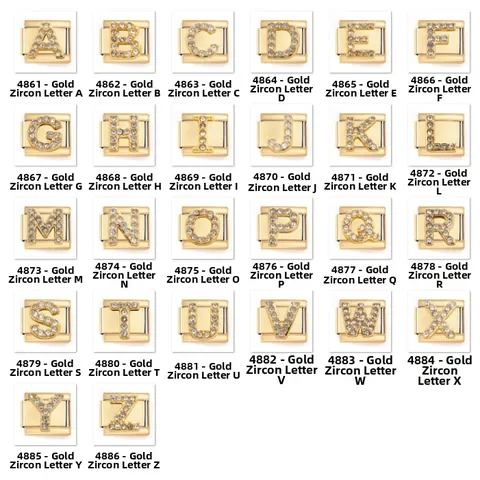 Gold Plated Stainless Steel Italian Charm Link Pave Zirconia Alphabet A-Z Modular Bracelet Accessory For DIY Jewelry Fashion