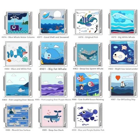 Stainless Steel Italian Charm Links For Modular Bracelet Ocean Series Whale Fish Sailboat Wave Pattern Square Metal DIY Jewelry Accessories