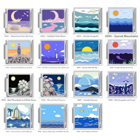Stainless Steel Ocean Series Italian Charm Links Enamel Lighthouse Moon Wave Modular Bracelet DIY Jewelry Accessories