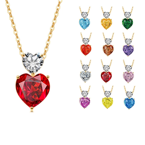 Double Heart Necklace 925 Sterling Silver Colorful Zirconia Pendant Elegant Jewelry For Women Valentine Day Gift