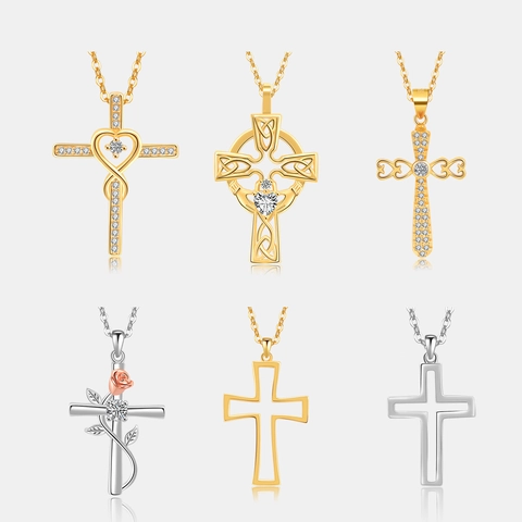 925 Sterling Silver Cross Necklace With Heart Zirconia Pendant Celtic Knot Rose Flower Design Adjustable Chain Jewelry For Women