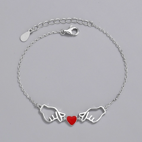 925 Sterling Silver Heart Hand Gesture Bracelet For Women Red Enamel Love Heart Charm Adjustable Korean Fashion Jewelry