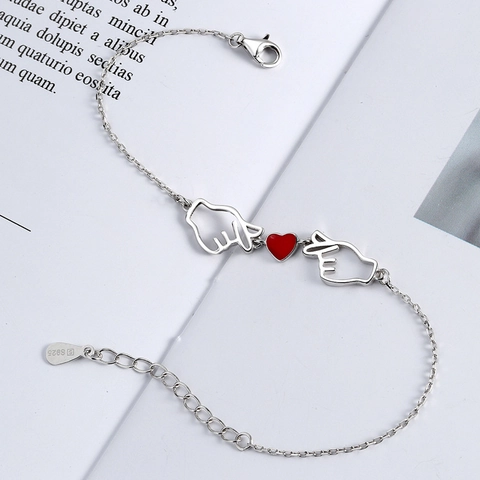 925 Sterling Silver Heart Hand Gesture Bracelet For Women Red Enamel Love Heart Charm Adjustable Korean Fashion Jewelry