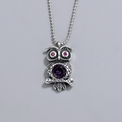Vintage 925 Sterling Silver Owl Pendant Necklace With Purple Crystal Thai Silver Bead Chain Fashion Accessory For Women Jewelry