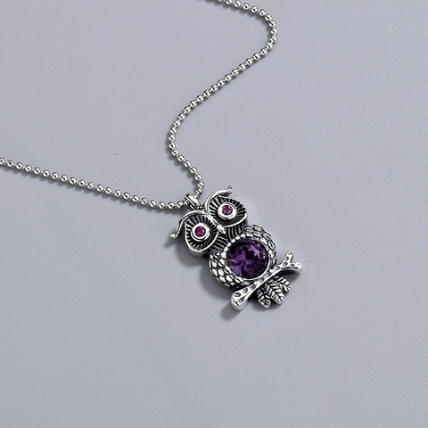 Vintage 925 Sterling Silver Owl Pendant Necklace With Purple Crystal Thai Silver Bead Chain Fashion Accessory For Women Jewelry