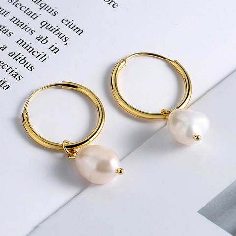 S925 Sterling Silver Baroque Freshwater Pearl Hoop Earrings For Women Gold Plated Irregular Pearl Drop Dangle Earrings