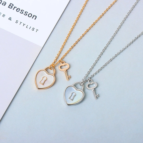 Halskette Aus 925er Sterlingsilber Mit Herzschloss Und Schlüsselanhänger Für Damen Romantische Perlmutteinlage Minimalistischer Schmuck