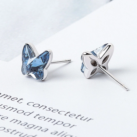 Exquisite 925 Sterling Silver Butterfly Stud Earrings With Blue Austrian Crystal Minimalist Tiny Animal Jewelry For Women Gift Fashion Accessory
