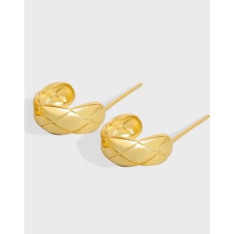 925 Sterling Silver Quilted C-Shape Stud Earrings Minimalist Geometric Diamond Lattice Pattern Gold Silver Plated Elegant Earrings For Women Jewelry