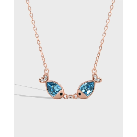 925 Sterling Silver Kissing Fish Pendant Necklace Women Blue Austrian Crystal Zirconia Animal Clavicle Chain Jewelry Anniversary Gift