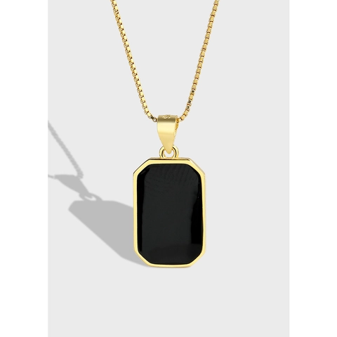 Vintage 925 Sterling Silver Rectangle Pendant Necklace For Women Black Inlaid Minimalist Geometric Box Chain Collar Jewelry Gift