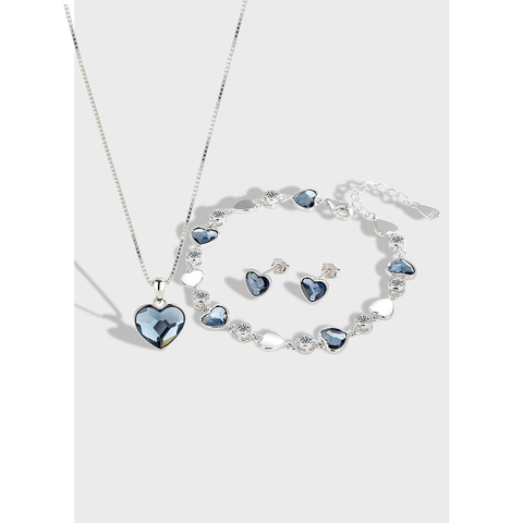 925 Sterling Silver Heart Pendant Necklace Blue Austrian Crystal Bracelet Stud Earrings For Women Romantic Jewelry