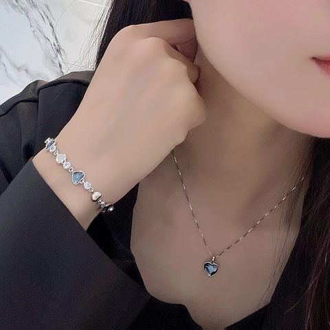 925 Sterling Silver Heart Pendant Necklace Blue Austrian Crystal Bracelet Stud Earrings For Women Romantic Jewelry