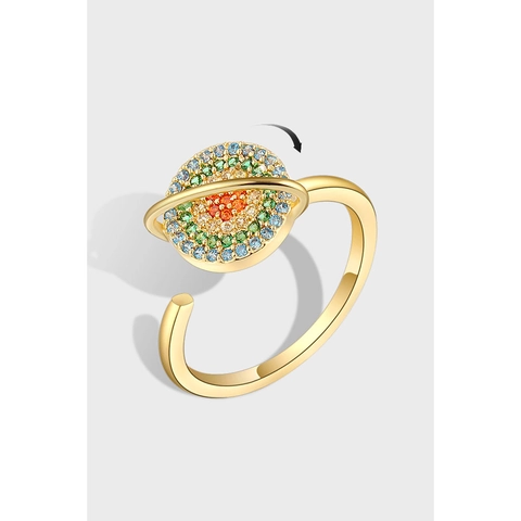 Bague Ouverte Planète Rotative en Argent Sterling 925 Zircone Colorée Saturne Bague pour Femme Anti-stress Bijoux de Mode Cadeau